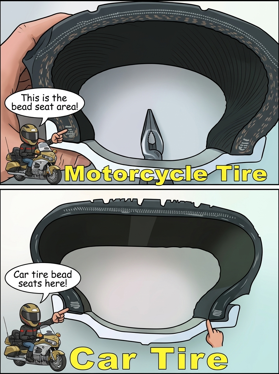 Illustration comparing motorcycle tire and car tire bead seat areas on a rim