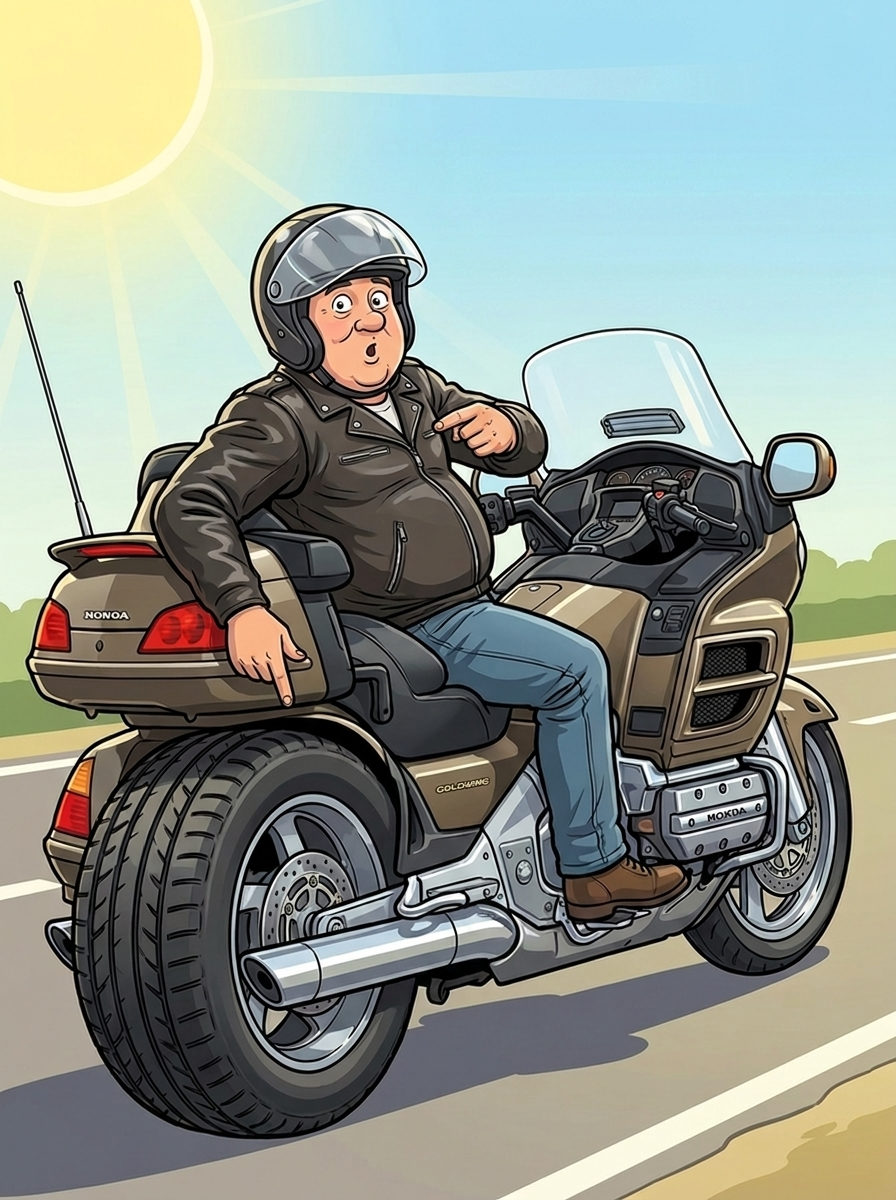 Illustration of a loaded Goldwing rider pointing at a wide rear tire