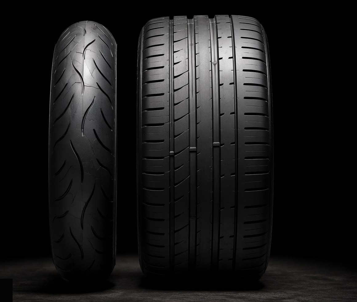Close-up comparison of car tire and motorcycle tire contact profiles