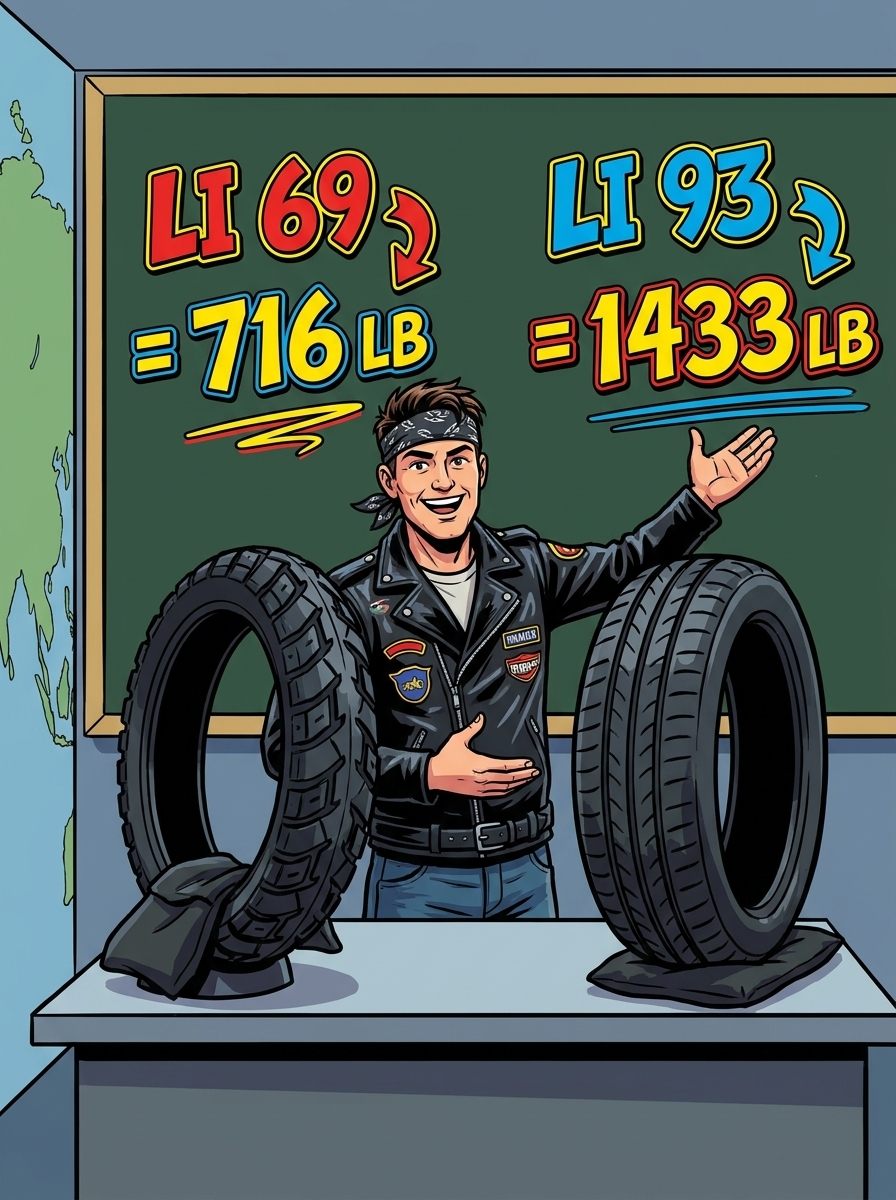 Illustration comparing load index 69 at 716 pounds with load index 93 at 1433 pounds