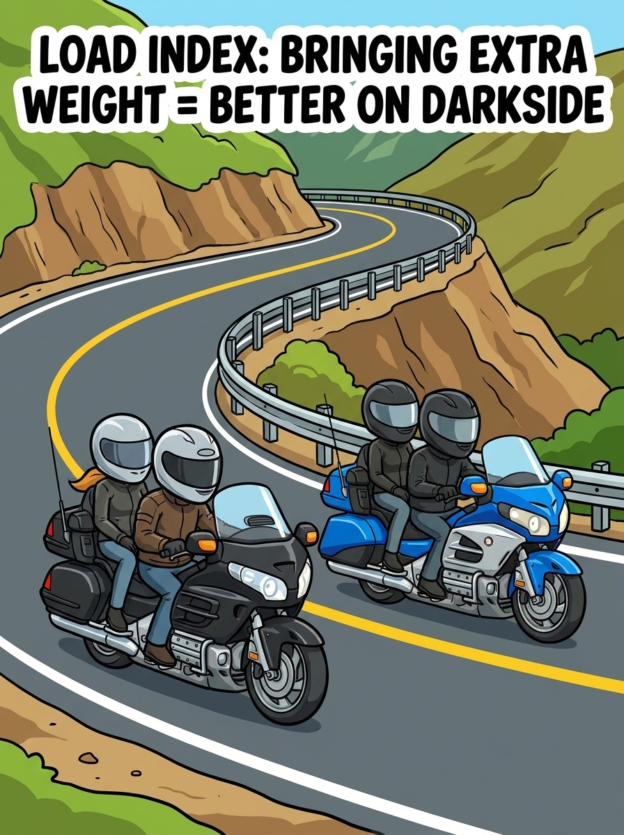 Illustration of loaded touring motorcycles explaining that extra rated weight can matter on darkside setups
