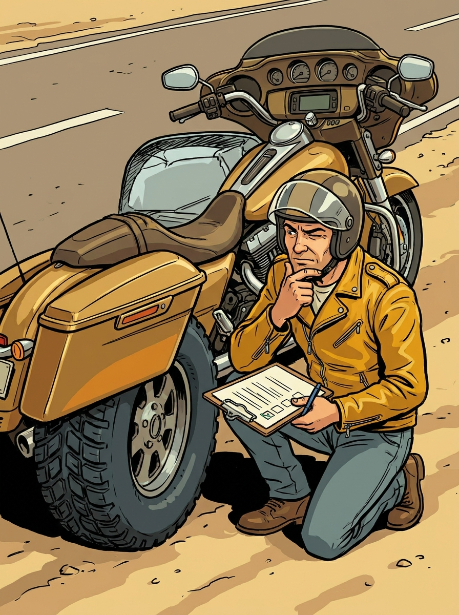 Illustration of a rider inspecting a touring motorcycle rear tire with a checklist